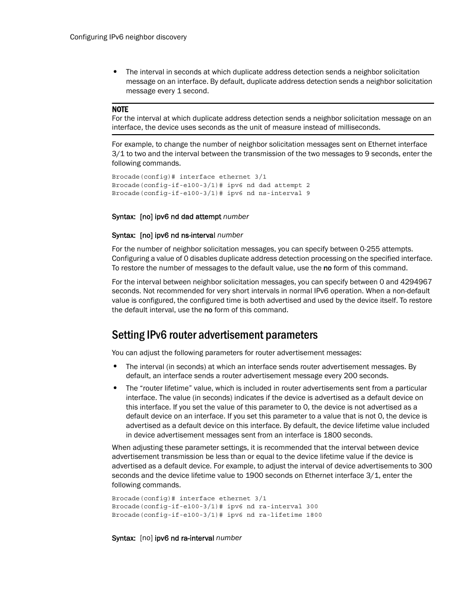 Setting ipv6 router advertisement parameters, Setting ipv6 router advertisement, Parameters | Brocade Multi-Service IronWare Routing Configuration Guide (Supporting R05.6.00) User Manual | Page 474 / 846