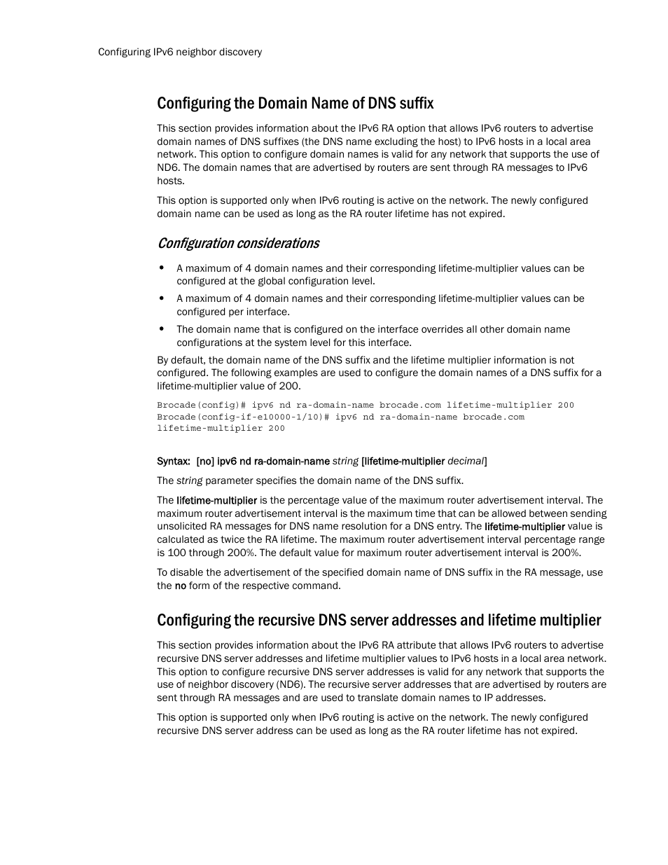 Configuring the domain name of dns suffix, Configuration considerations | Brocade Multi-Service IronWare Routing Configuration Guide (Supporting R05.6.00) User Manual | Page 476 / 846