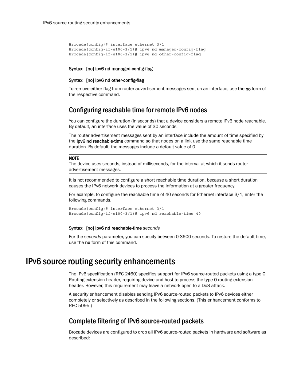 Configuring reachable time for remote ipv6 nodes, Ipv6 source routing security enhancements, Complete filtering of ipv6 source-routed packets | Configuring, Reachable time for remote ipv6 nodes | Brocade Multi-Service IronWare Routing Configuration Guide (Supporting R05.6.00) User Manual | Page 478 / 846