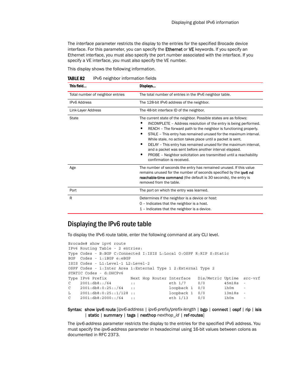 Displaying the ipv6 route table | Brocade Multi-Service IronWare Routing Configuration Guide (Supporting R05.6.00) User Manual | Page 495 / 846