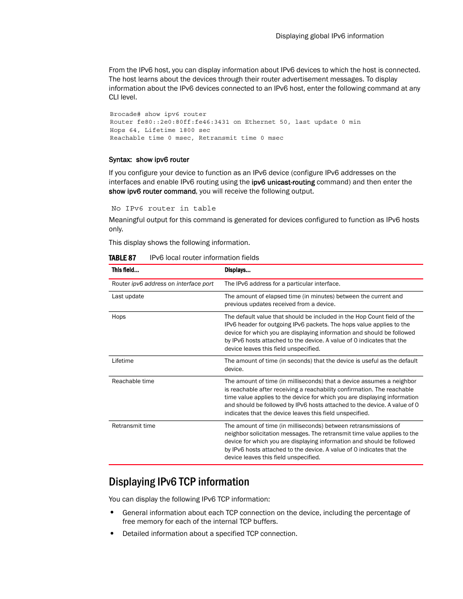 Displaying ipv6 tcp information | Brocade Multi-Service IronWare Routing Configuration Guide (Supporting R05.6.00) User Manual | Page 501 / 846