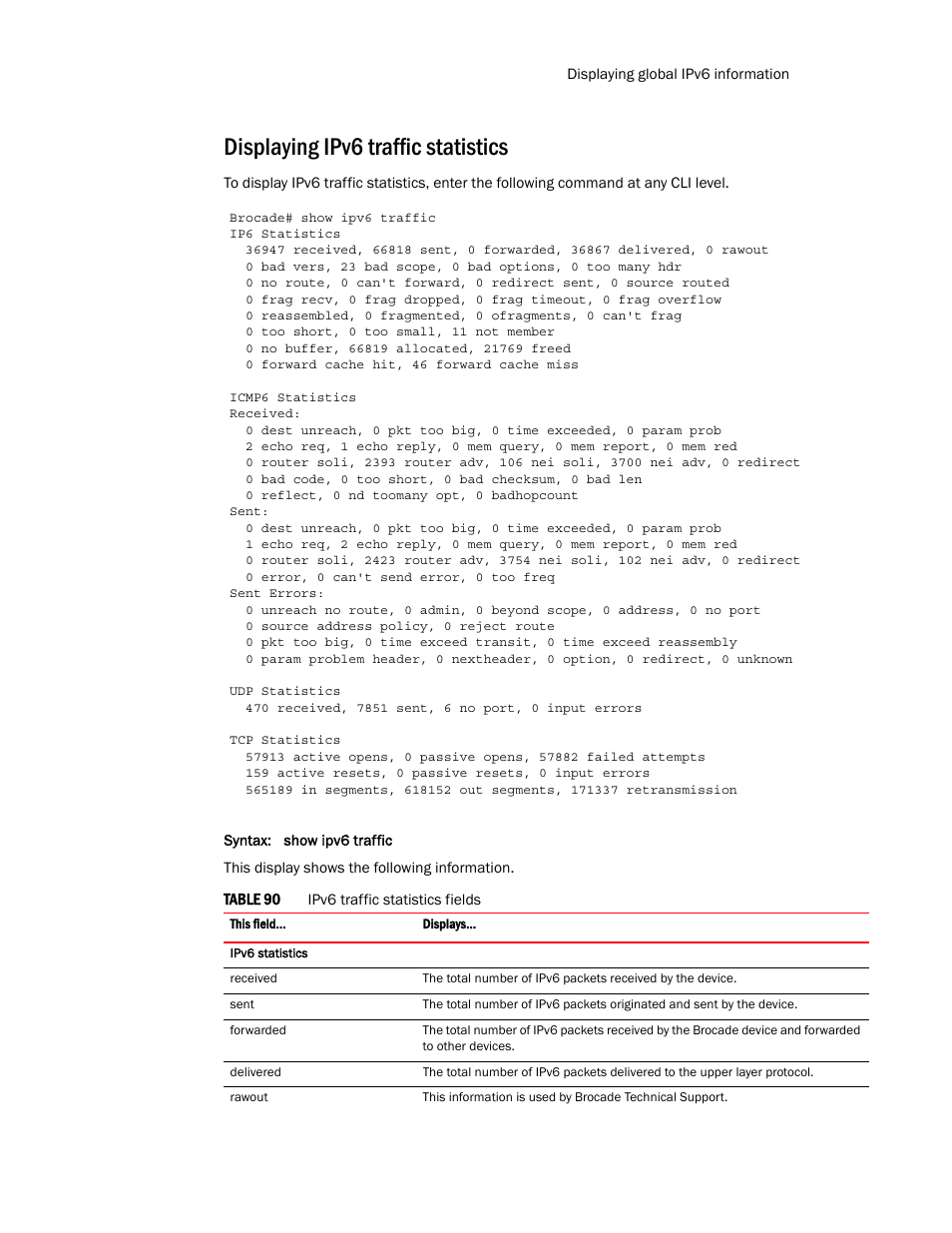 Displaying ipv6 traffic statistics | Brocade Multi-Service IronWare Routing Configuration Guide (Supporting R05.6.00) User Manual | Page 505 / 846