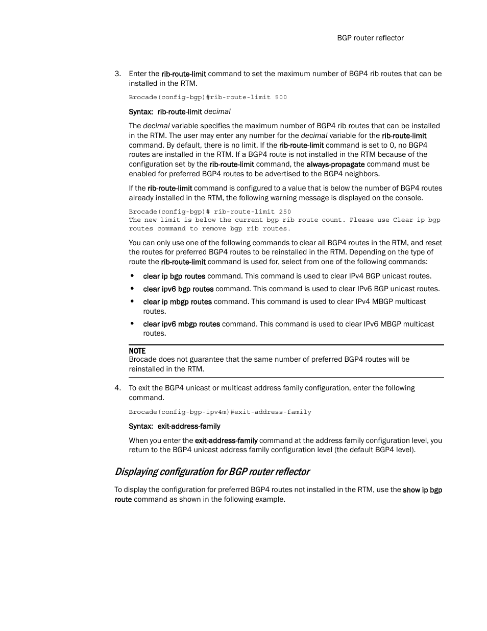 Displaying configuration for bgp router reflector | Brocade Multi-Service IronWare Routing Configuration Guide (Supporting R05.6.00) User Manual | Page 51 / 846