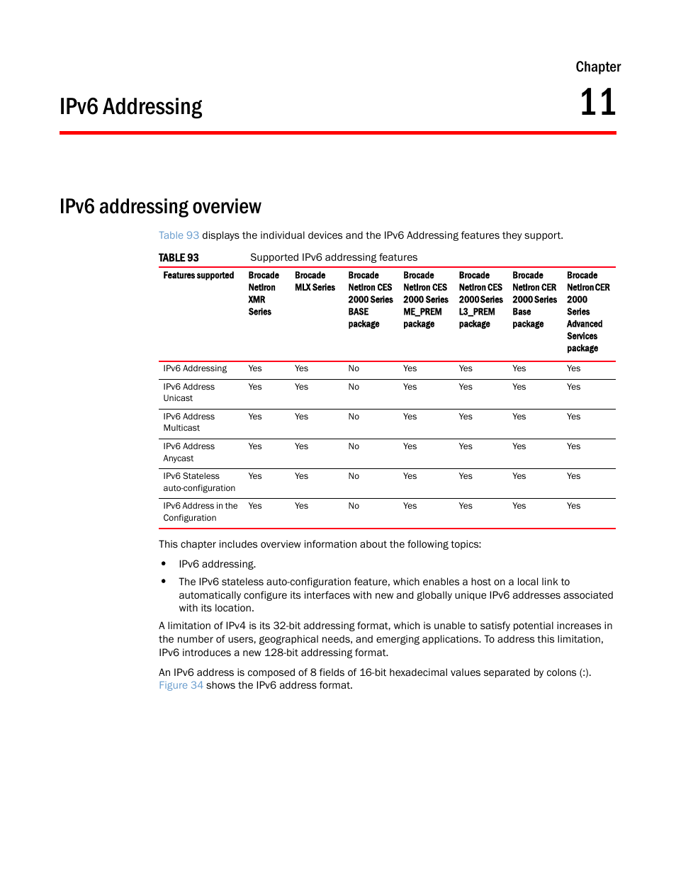 Ipv6 addressing, Ipv6 addressing overview, Chapter 11 | Chapter | Brocade Multi-Service IronWare Routing Configuration Guide (Supporting R05.6.00) User Manual | Page 515 / 846
