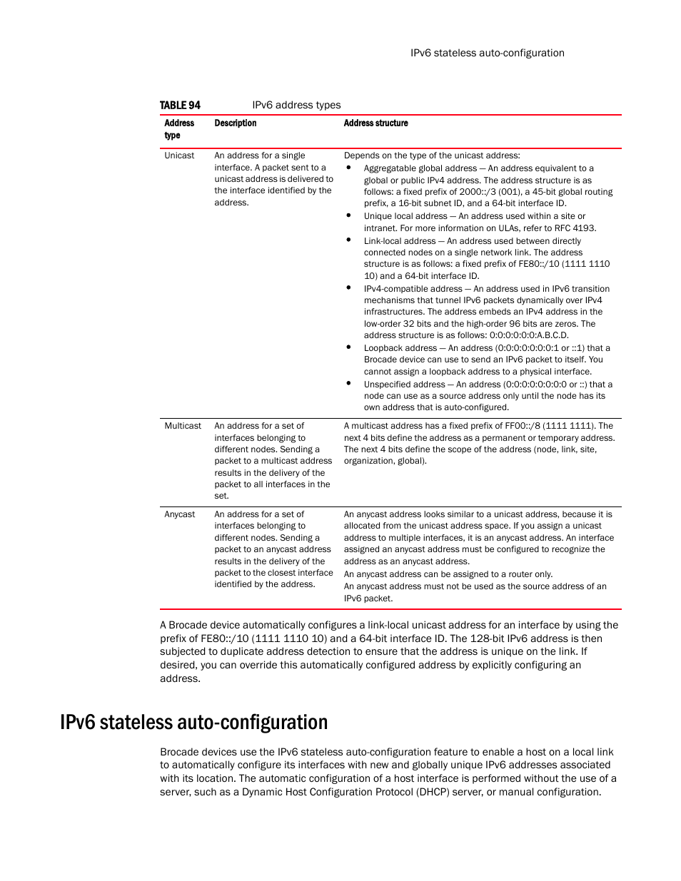 Ipv6 stateless auto-configuration, Table 94, Describes | Brocade Multi-Service IronWare Routing Configuration Guide (Supporting R05.6.00) User Manual | Page 517 / 846