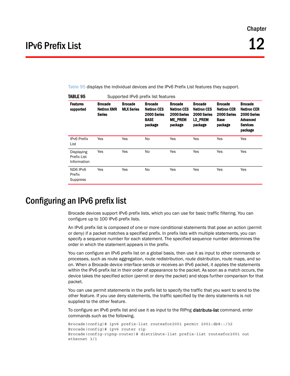 Ipv6 prefix list, Configuring an ipv6 prefix list, Chapter 12 | Chapter | Brocade Multi-Service IronWare Routing Configuration Guide (Supporting R05.6.00) User Manual | Page 519 / 846