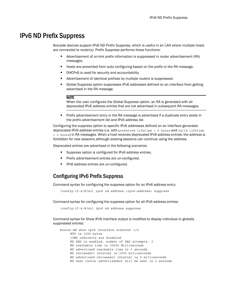 Ipv6 nd prefix suppress, Configuring ipv6 prefix suppress | Brocade Multi-Service IronWare Routing Configuration Guide (Supporting R05.6.00) User Manual | Page 521 / 846