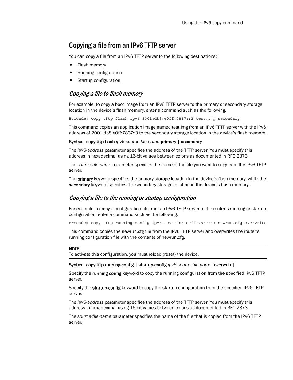 Copying a file from an ipv6 tftp server | Brocade Multi-Service IronWare Routing Configuration Guide (Supporting R05.6.00) User Manual | Page 527 / 846