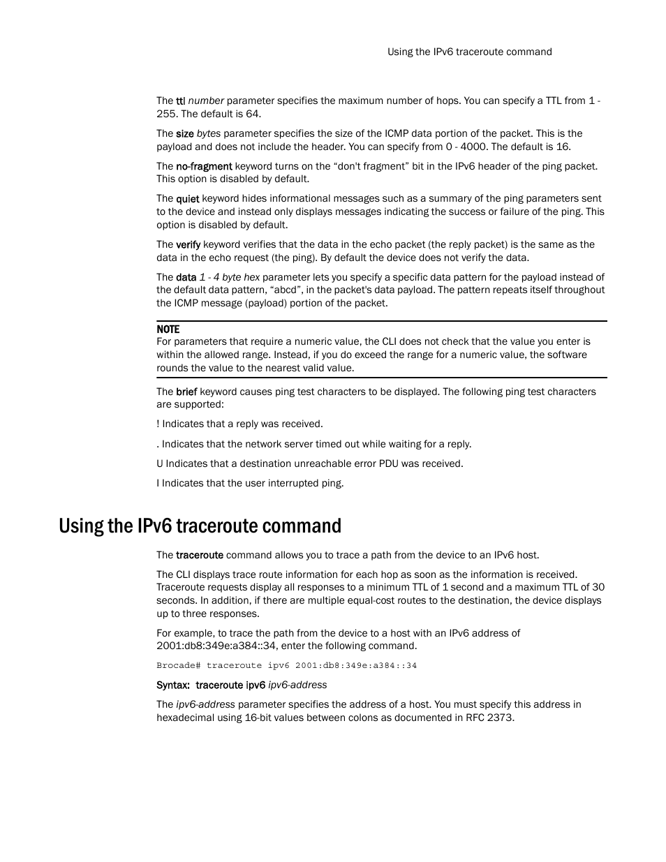 Using the ipv6 traceroute command | Brocade Multi-Service IronWare Routing Configuration Guide (Supporting R05.6.00) User Manual | Page 531 / 846