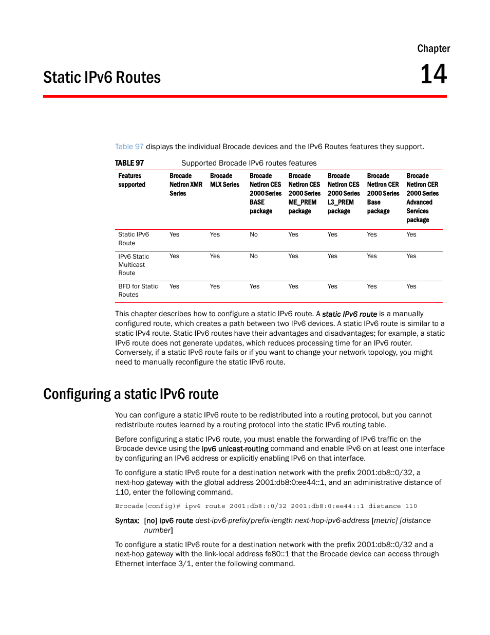 Static ipv6 routes, Configuring a static ipv6 route, Chapter 14 | Chapter | Brocade Multi-Service IronWare Routing Configuration Guide (Supporting R05.6.00) User Manual | Page 535 / 846