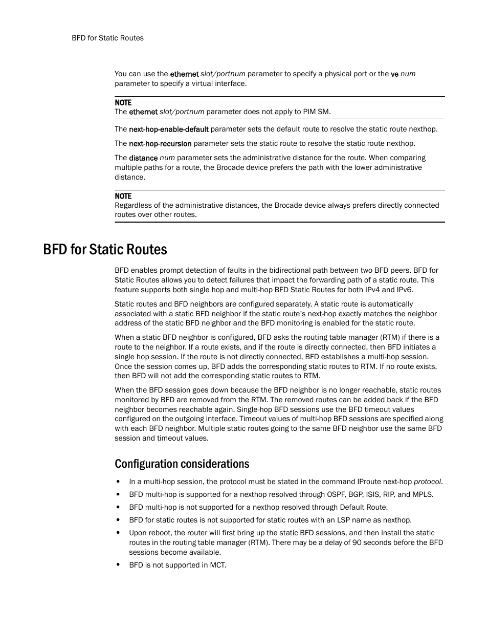 Bfd for static routes, Configuration considerations | Brocade Multi-Service IronWare Routing Configuration Guide (Supporting R05.6.00) User Manual | Page 538 / 846