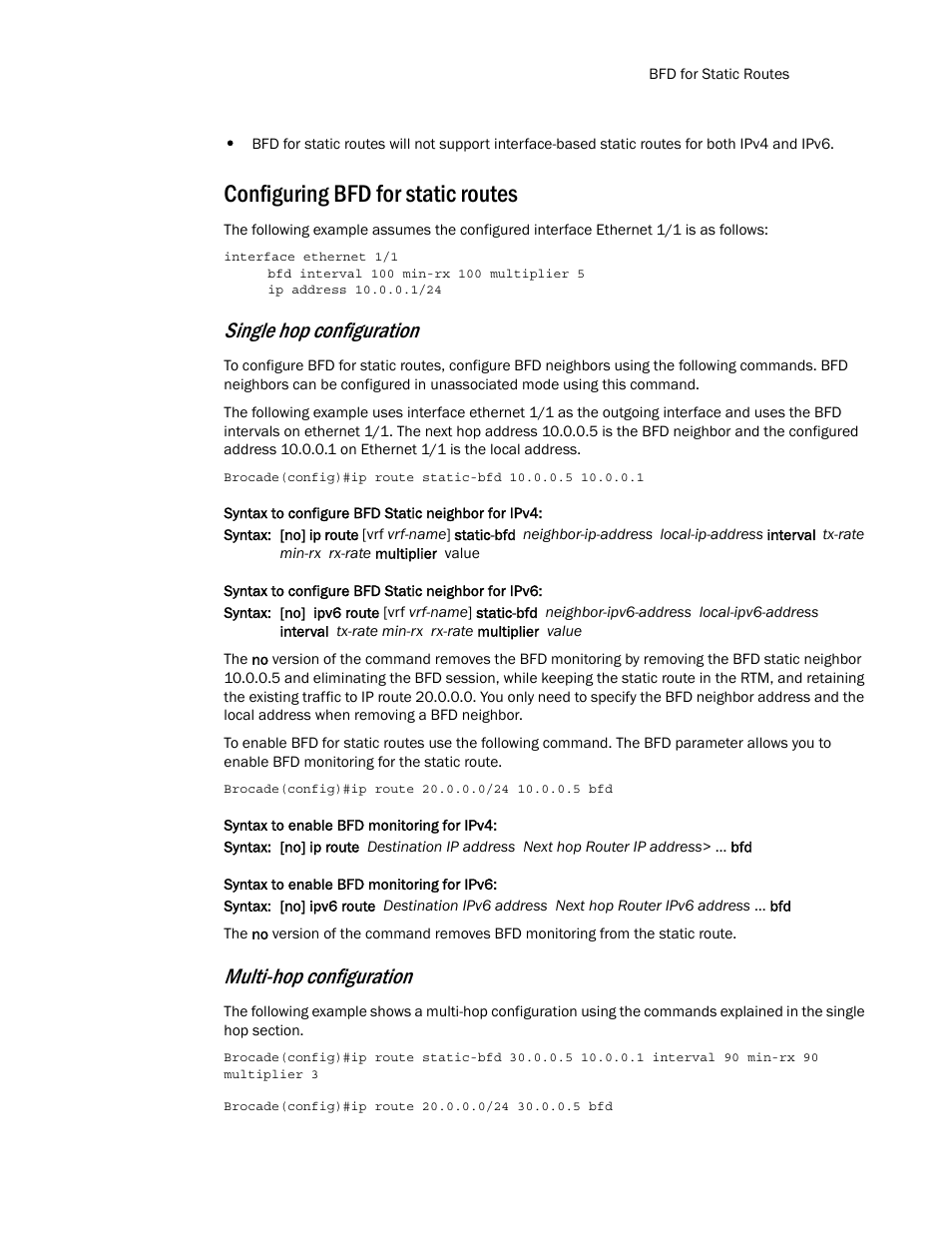 Configuring bfd for static routes, Single hop configuration, Multi-hop configuration | Brocade Multi-Service IronWare Routing Configuration Guide (Supporting R05.6.00) User Manual | Page 539 / 846