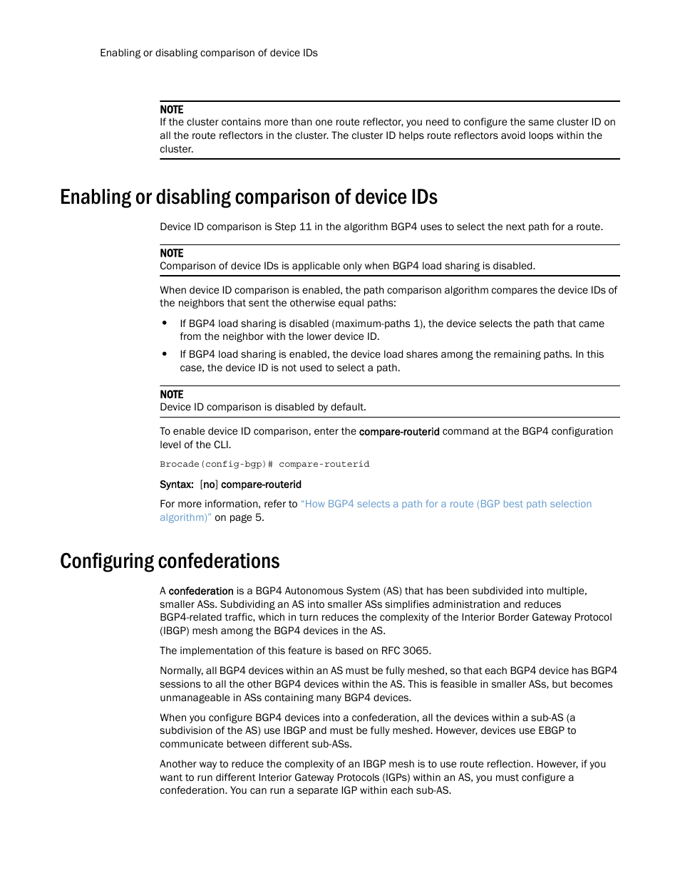 Enabling or disabling comparison of device ids, Configuring confederations | Brocade Multi-Service IronWare Routing Configuration Guide (Supporting R05.6.00) User Manual | Page 54 / 846