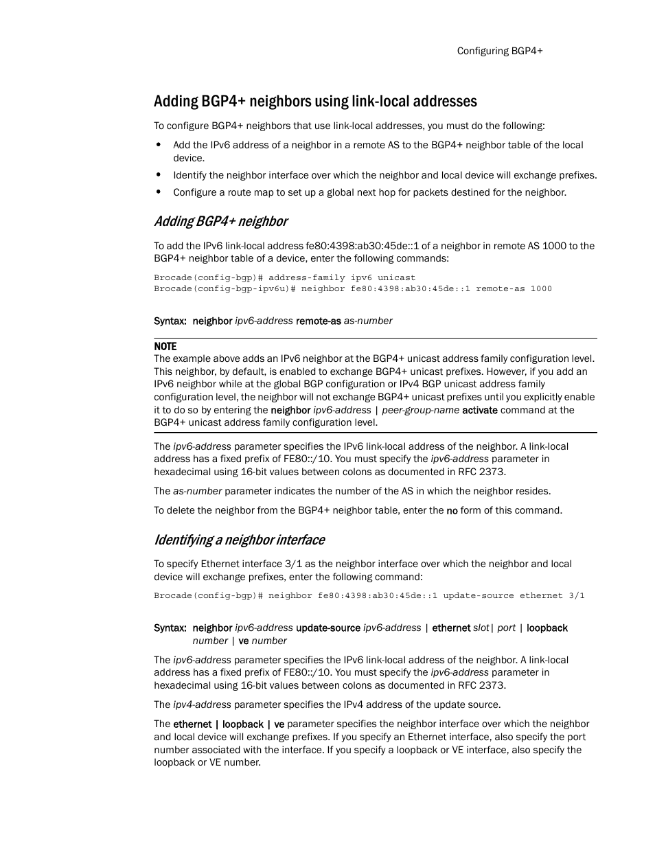 Adding bgp4+ neighbors using link-local addresses, Adding bgp4+ neighbor, Identifying a neighbor interface | Brocade Multi-Service IronWare Routing Configuration Guide (Supporting R05.6.00) User Manual | Page 545 / 846