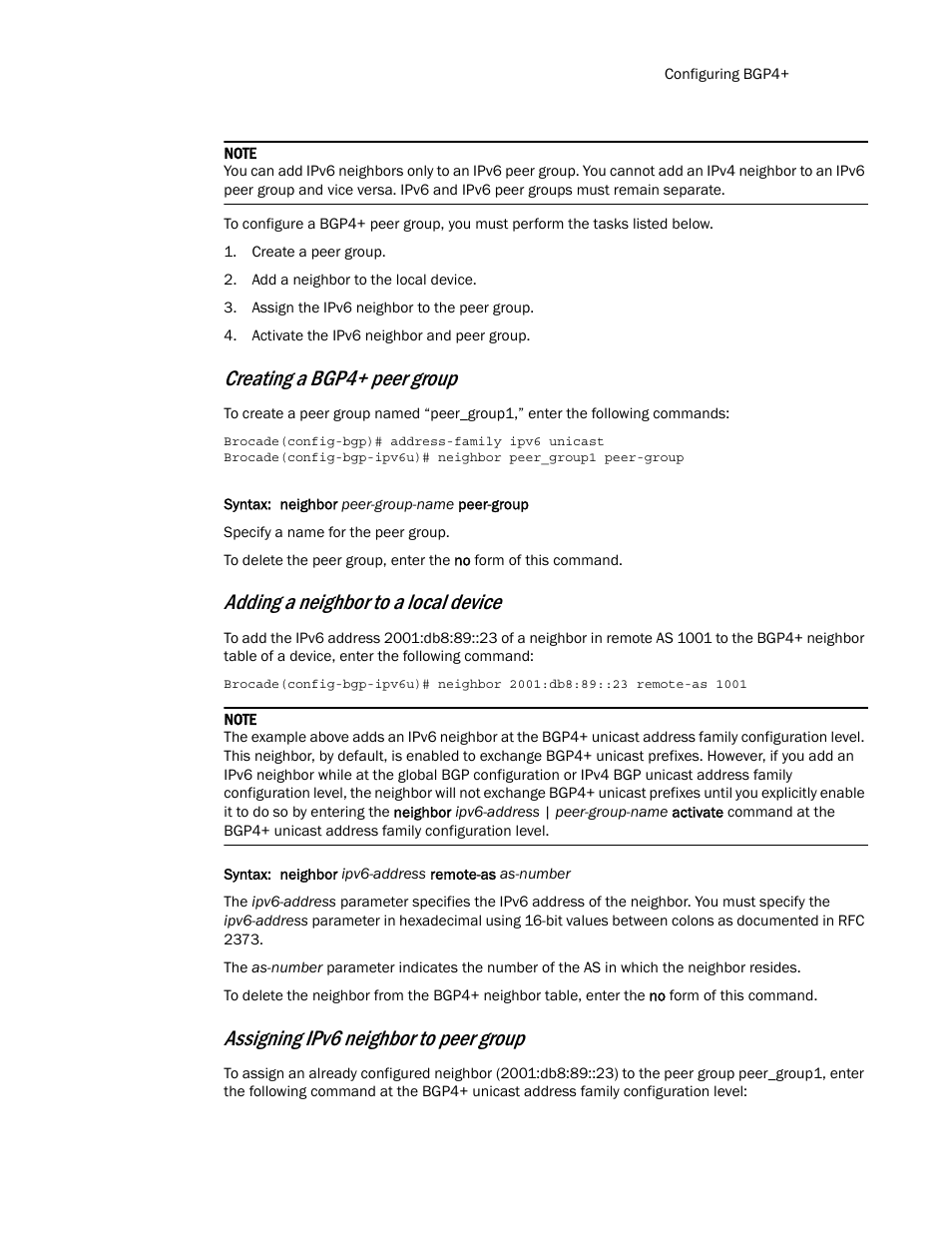 Creating a bgp4+ peer group, Adding a neighbor to a local device, Assigning ipv6 neighbor to peer group | Brocade Multi-Service IronWare Routing Configuration Guide (Supporting R05.6.00) User Manual | Page 547 / 846