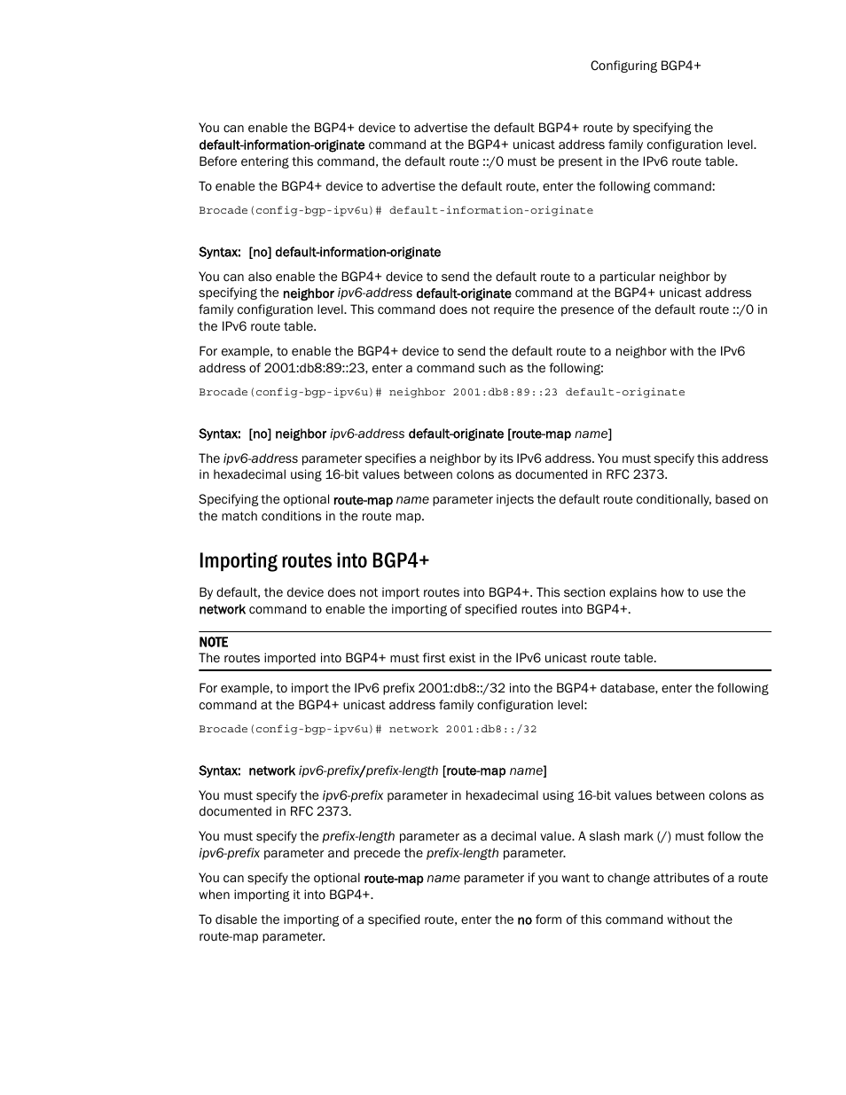 Importing routes into bgp4 | Brocade Multi-Service IronWare Routing Configuration Guide (Supporting R05.6.00) User Manual | Page 549 / 846
