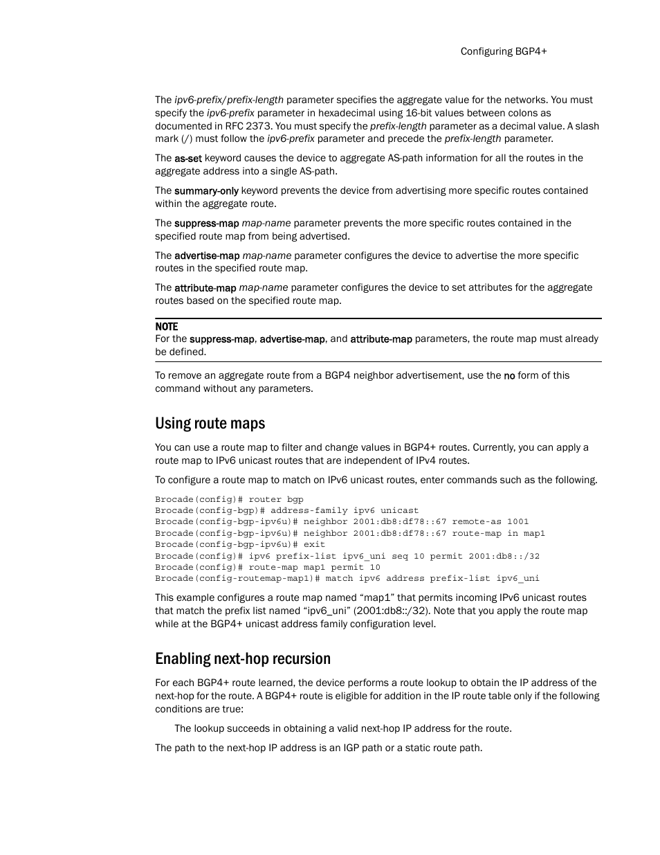 Using route maps, Enabling next-hop recursion | Brocade Multi-Service IronWare Routing Configuration Guide (Supporting R05.6.00) User Manual | Page 551 / 846