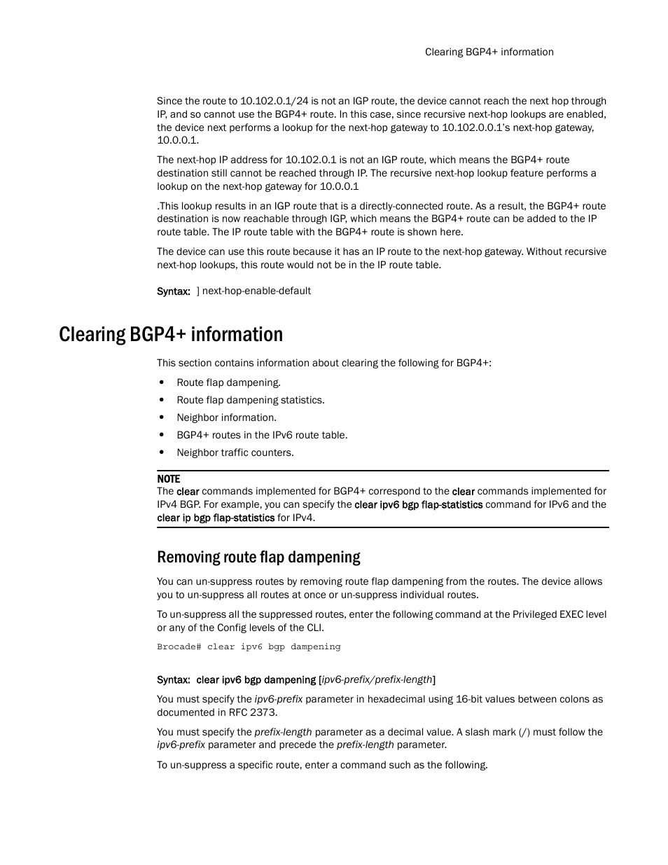 Clearing bgp4+ information, Removing route flap dampening | Brocade Multi-Service IronWare Routing Configuration Guide (Supporting R05.6.00) User Manual | Page 553 / 846