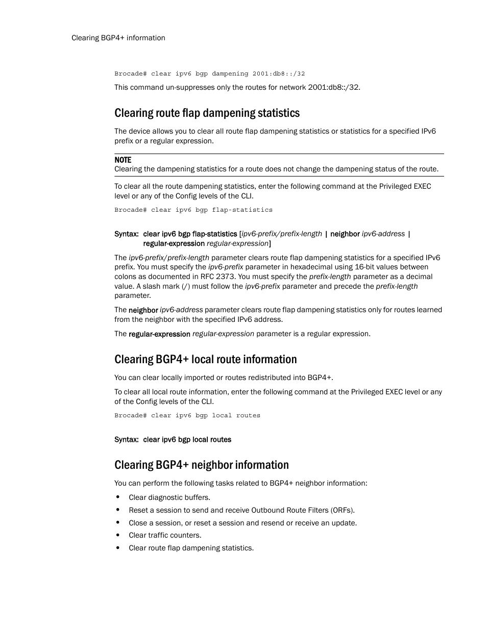 Clearing route flap dampening statistics, Clearing bgp4+ local route information, Clearing bgp4+ neighbor information | Brocade Multi-Service IronWare Routing Configuration Guide (Supporting R05.6.00) User Manual | Page 554 / 846