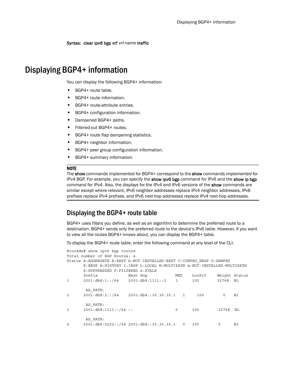 Displaying bgp4+ information, Displaying the bgp4+ route table | Brocade Multi-Service IronWare Routing Configuration Guide (Supporting R05.6.00) User Manual | Page 559 / 846