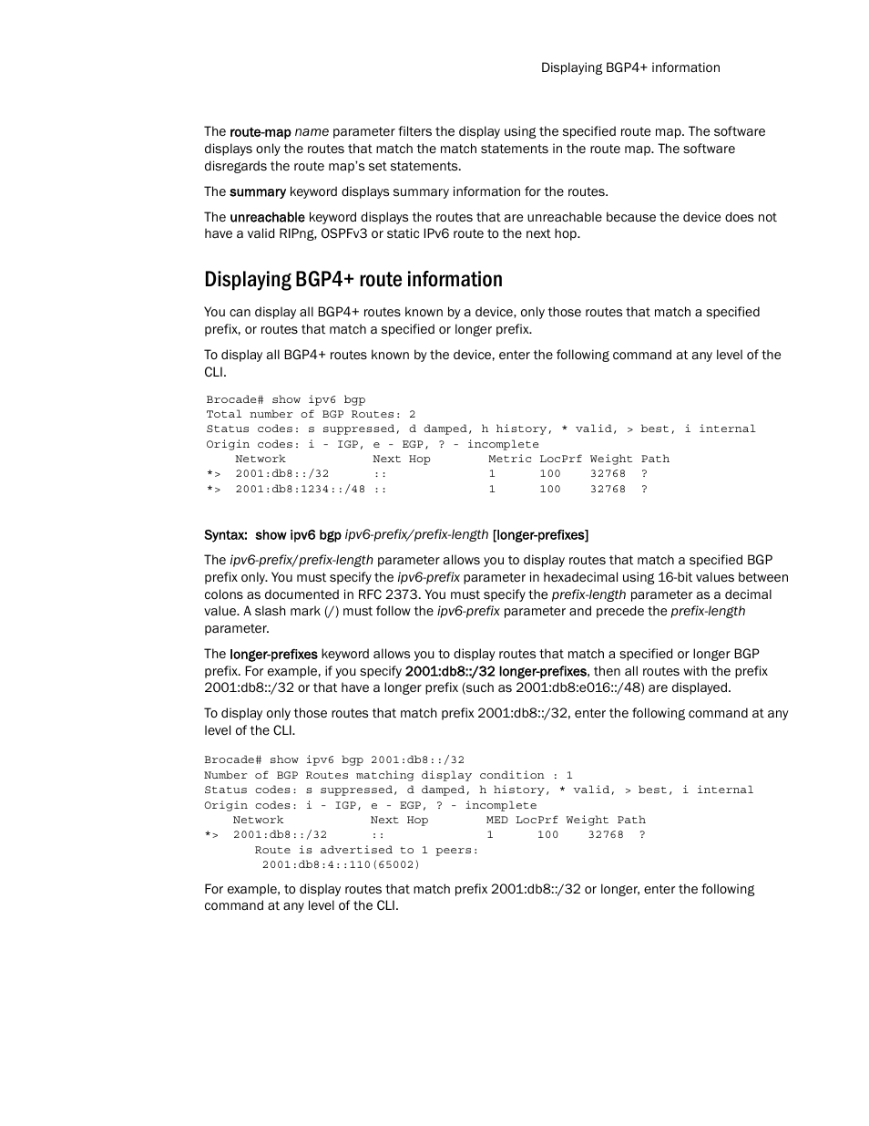 Displaying bgp4+ route information | Brocade Multi-Service IronWare Routing Configuration Guide (Supporting R05.6.00) User Manual | Page 565 / 846