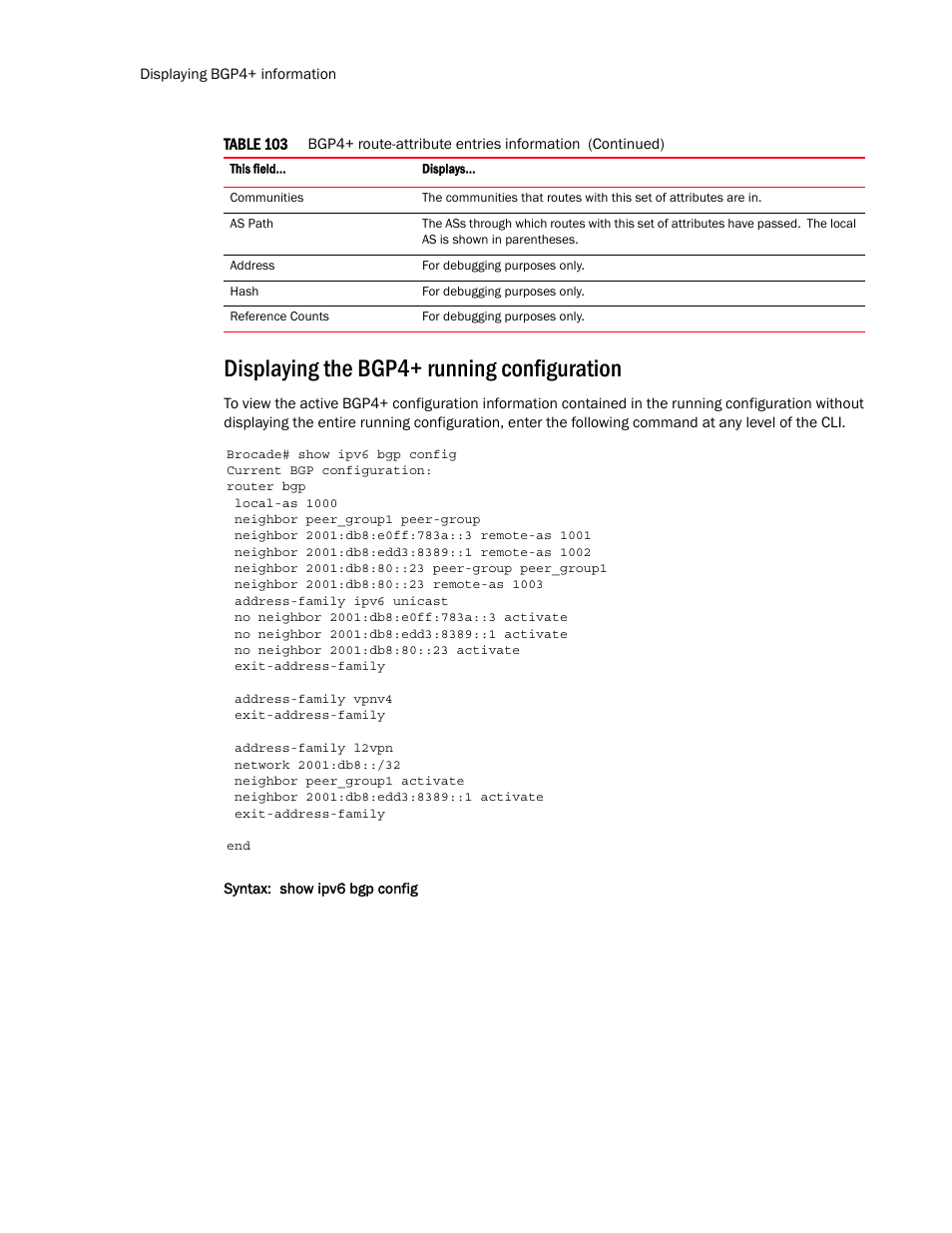 Displaying the bgp4+ running configuration | Brocade Multi-Service IronWare Routing Configuration Guide (Supporting R05.6.00) User Manual | Page 568 / 846