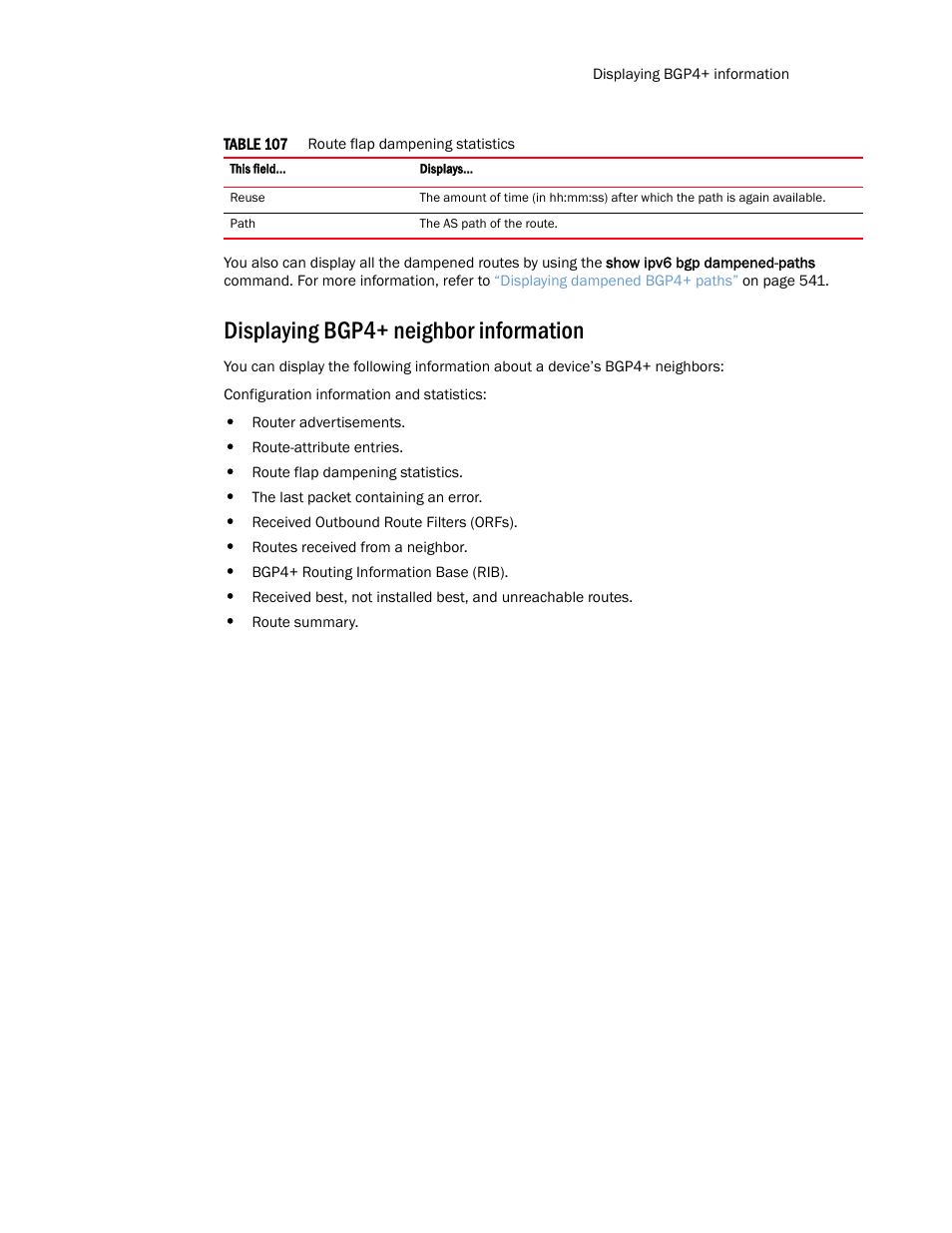 Displaying bgp4+ neighbor information | Brocade Multi-Service IronWare Routing Configuration Guide (Supporting R05.6.00) User Manual | Page 575 / 846
