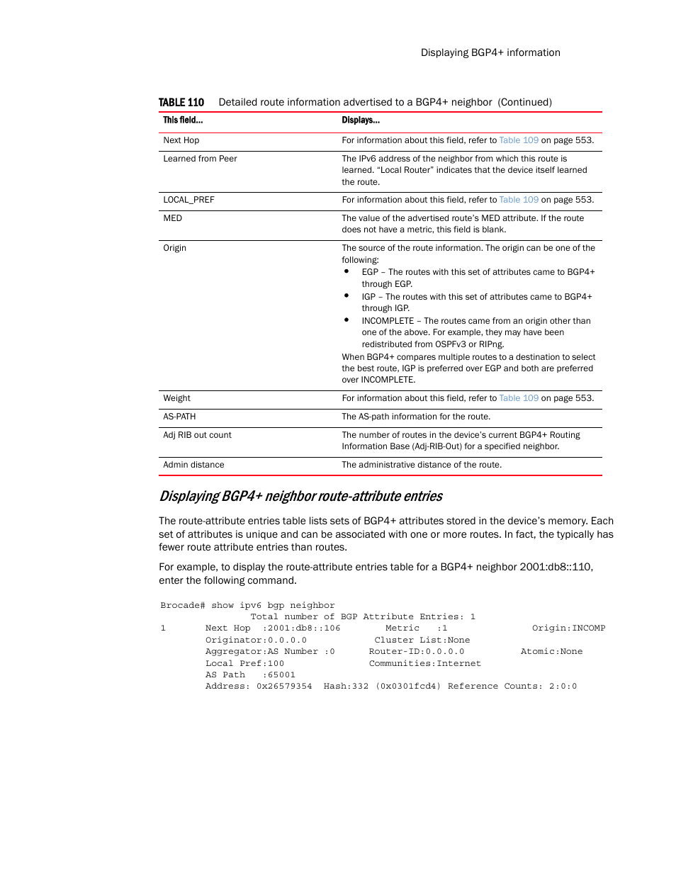 Displaying bgp4+ neighbor route-attribute entries | Brocade Multi-Service IronWare Routing Configuration Guide (Supporting R05.6.00) User Manual | Page 583 / 846
