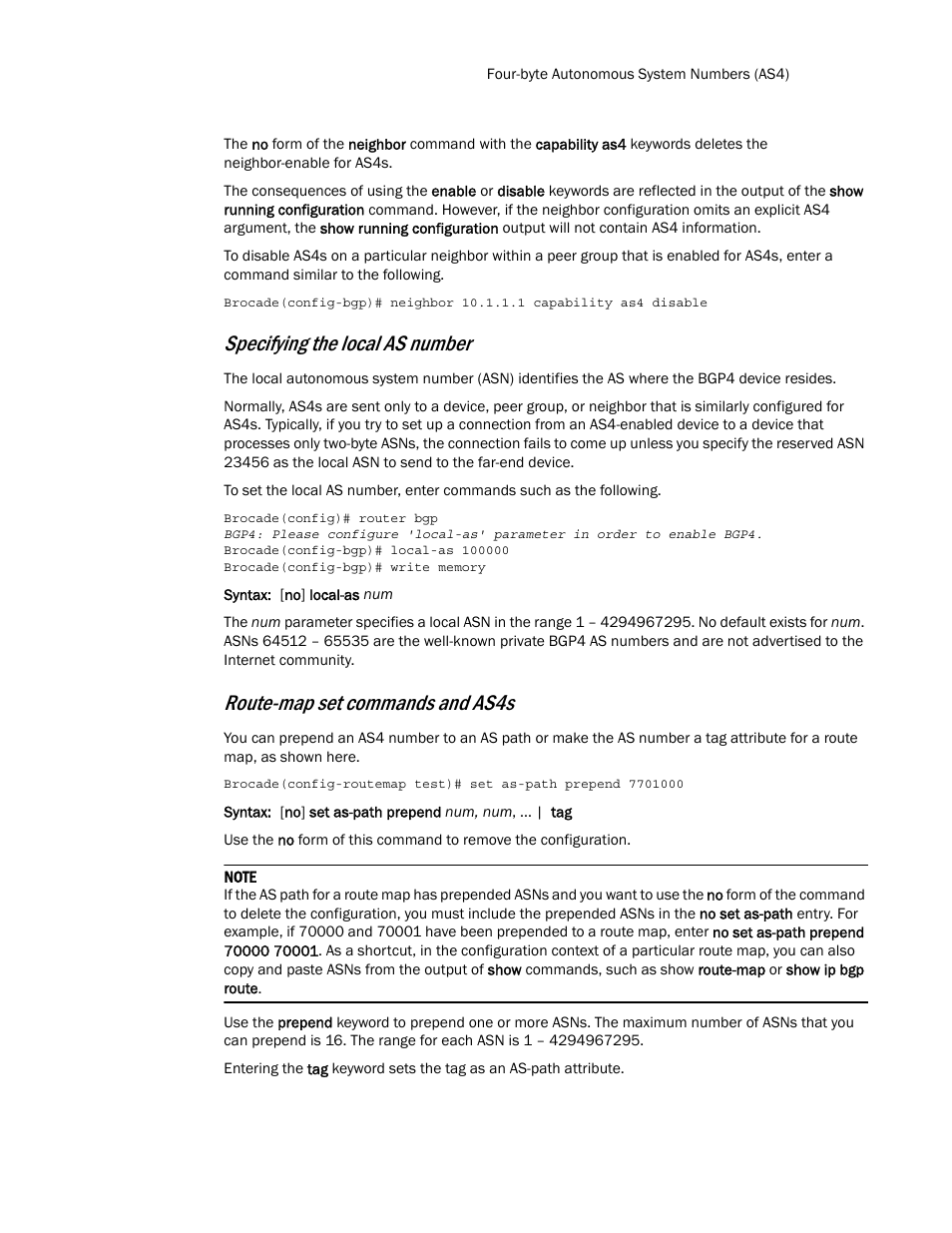 Specifying the local as number, Route-map set commands and as4s | Brocade Multi-Service IronWare Routing Configuration Guide (Supporting R05.6.00) User Manual | Page 59 / 846