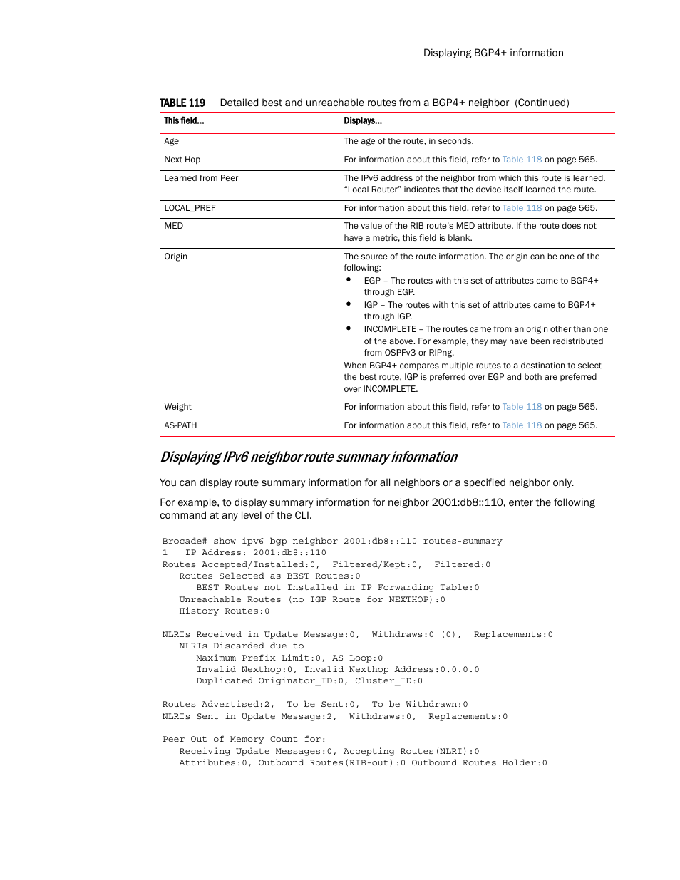Displaying ipv6 neighbor route summary information | Brocade Multi-Service IronWare Routing Configuration Guide (Supporting R05.6.00) User Manual | Page 595 / 846