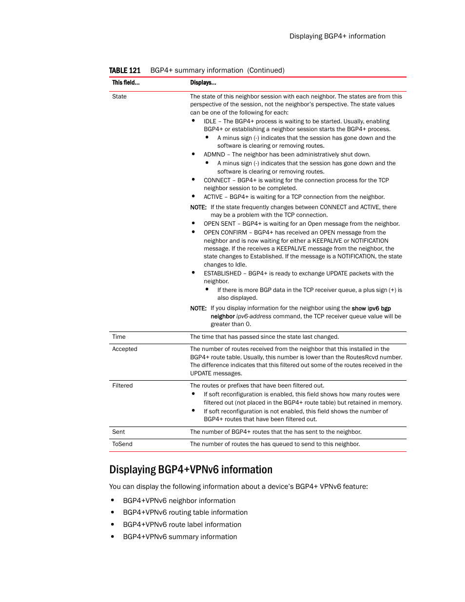Displaying bgp4+vpnv6 information | Brocade Multi-Service IronWare Routing Configuration Guide (Supporting R05.6.00) User Manual | Page 599 / 846