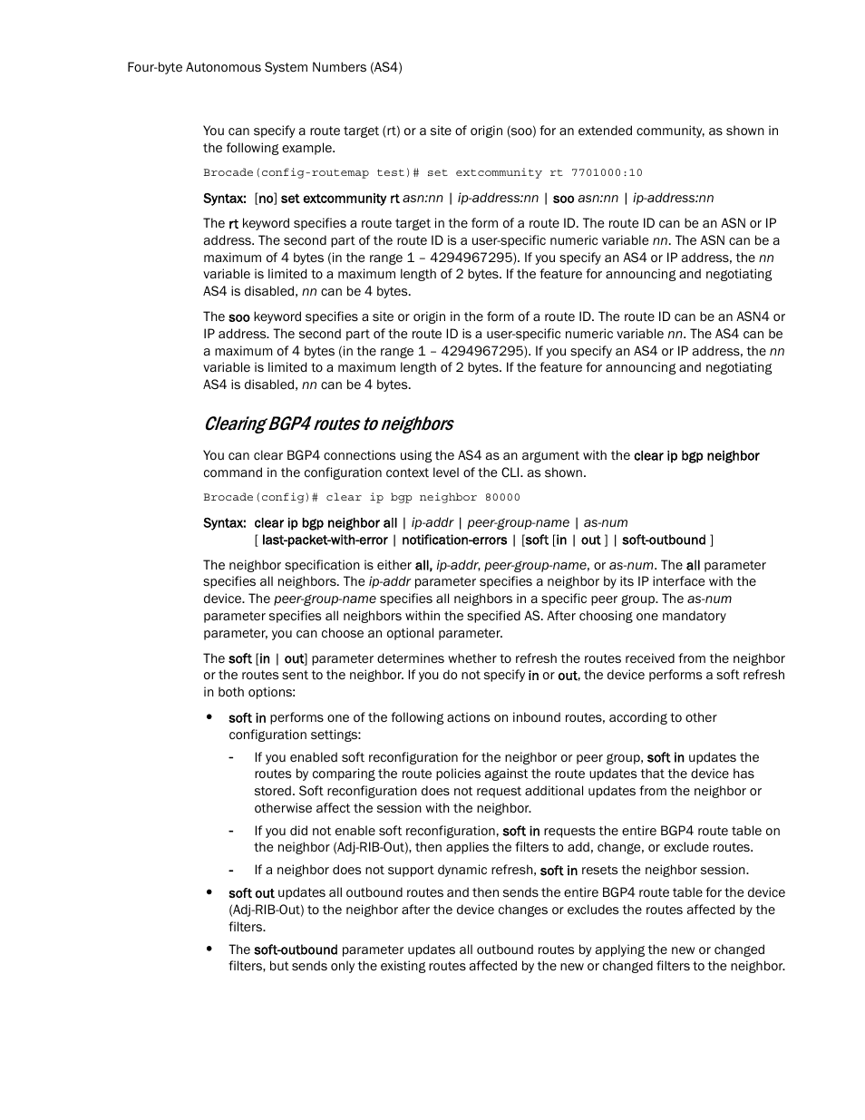 Clearing bgp4 routes to neighbors | Brocade Multi-Service IronWare Routing Configuration Guide (Supporting R05.6.00) User Manual | Page 60 / 846