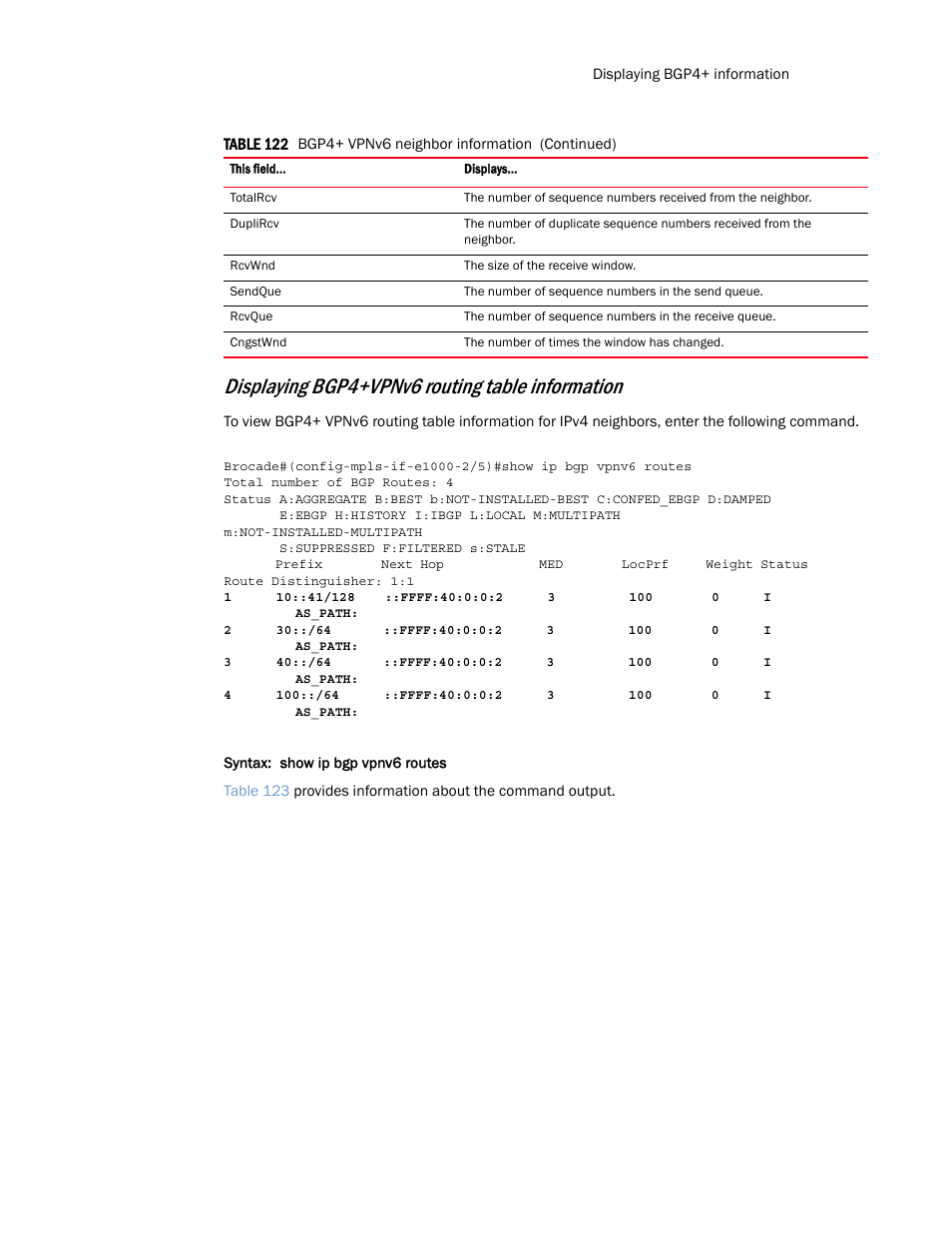 Displaying bgp4+vpnv6 routing table information | Brocade Multi-Service IronWare Routing Configuration Guide (Supporting R05.6.00) User Manual | Page 605 / 846