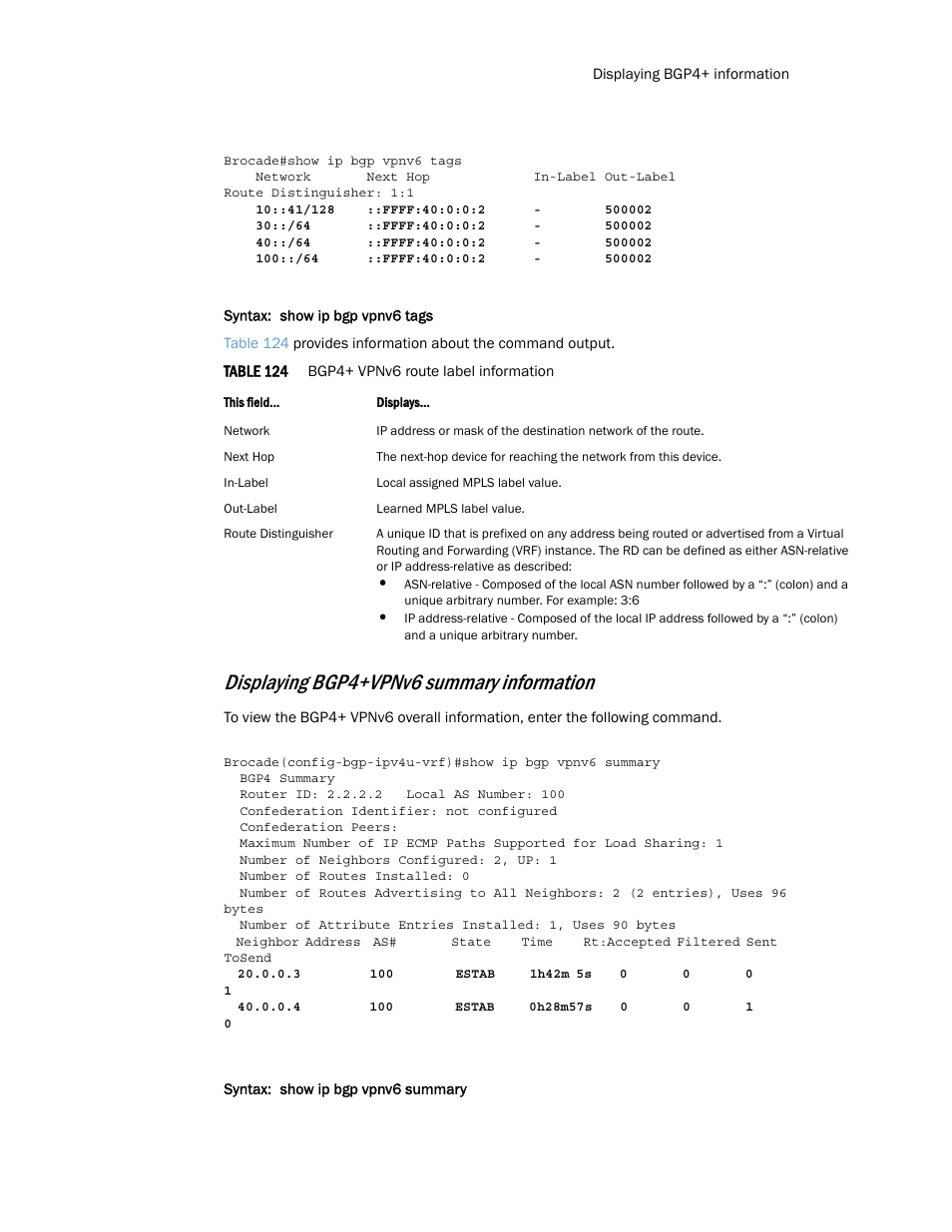 Displaying bgp4+vpnv6 summary information | Brocade Multi-Service IronWare Routing Configuration Guide (Supporting R05.6.00) User Manual | Page 607 / 846