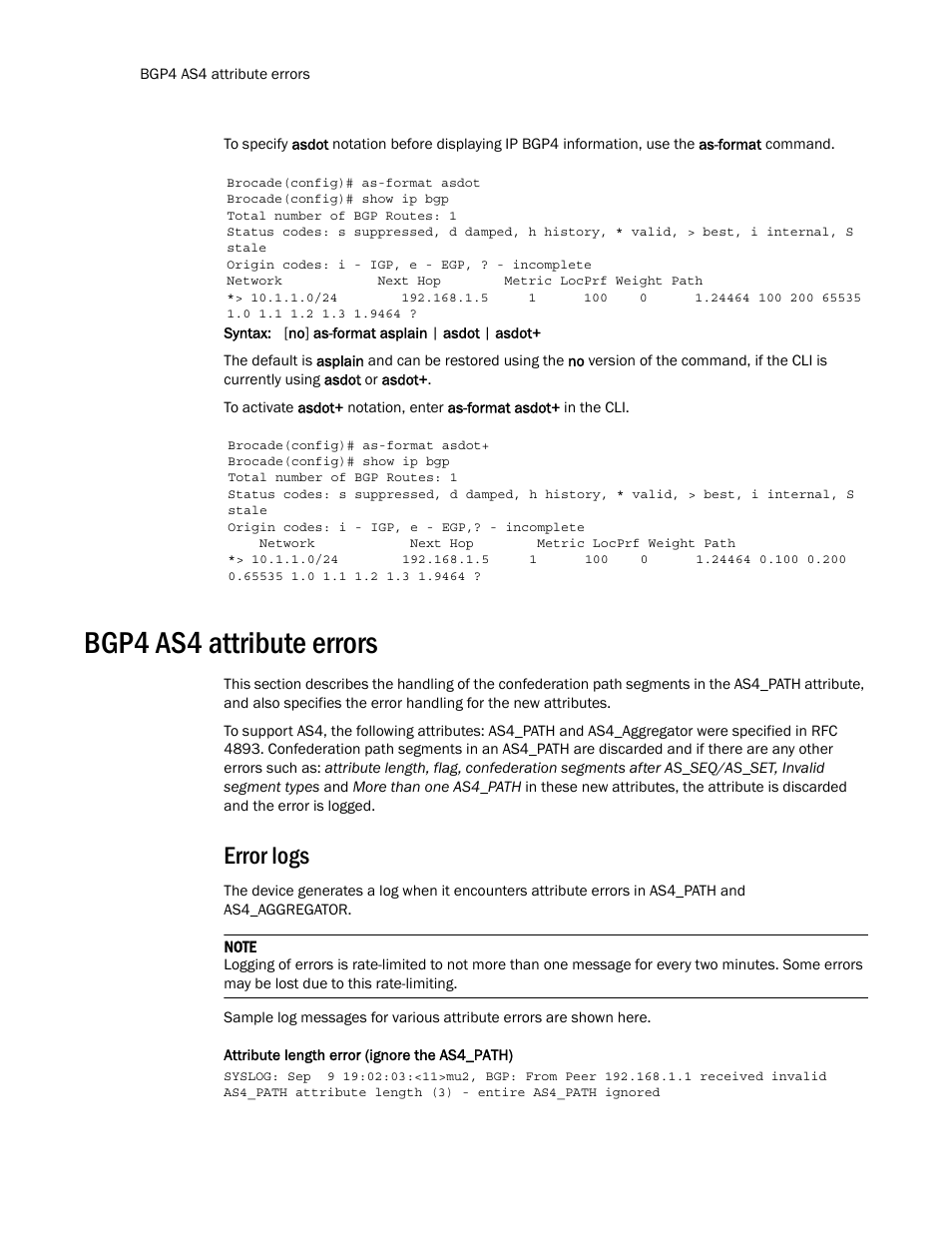 Bgp4 as4 attribute errors, Error logs | Brocade Multi-Service IronWare Routing Configuration Guide (Supporting R05.6.00) User Manual | Page 62 / 846