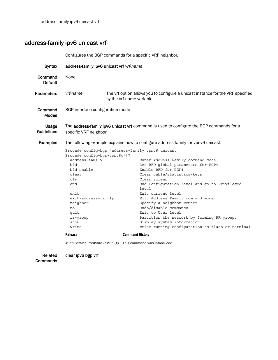 Address-family ipv6 unicast vrf | Brocade Multi-Service IronWare Routing Configuration Guide (Supporting R05.6.00) User Manual | Page 624 / 846