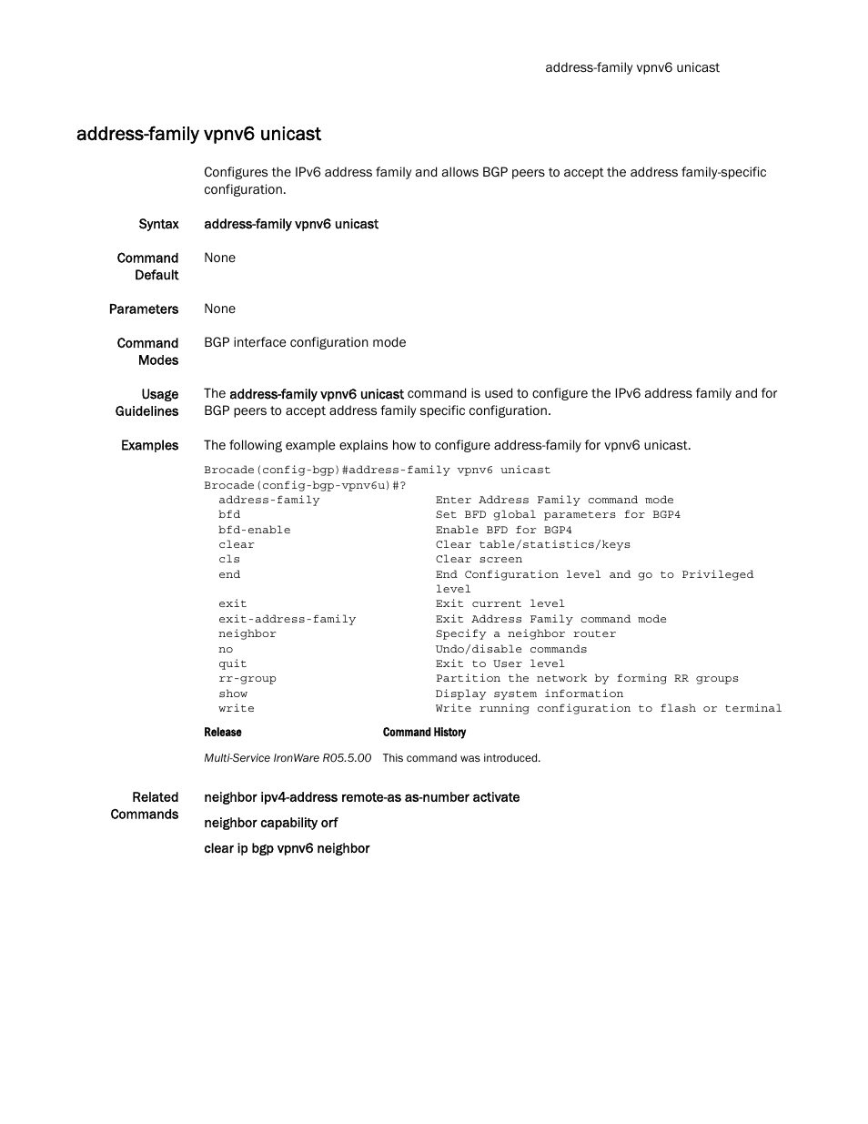 Address-family vpnv6 unicast | Brocade Multi-Service IronWare Routing Configuration Guide (Supporting R05.6.00) User Manual | Page 625 / 846