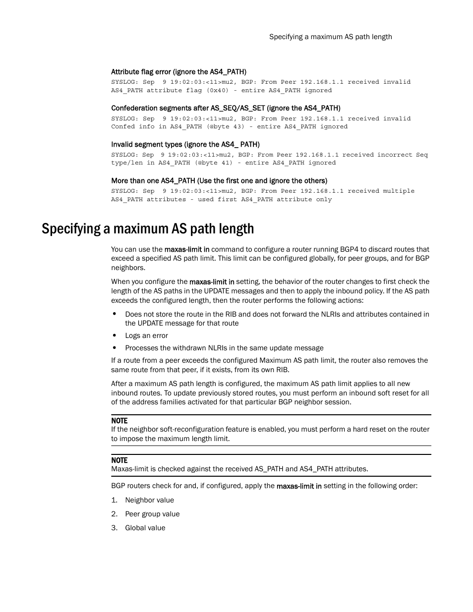 Specifying a maximum as path length | Brocade Multi-Service IronWare Routing Configuration Guide (Supporting R05.6.00) User Manual | Page 63 / 846