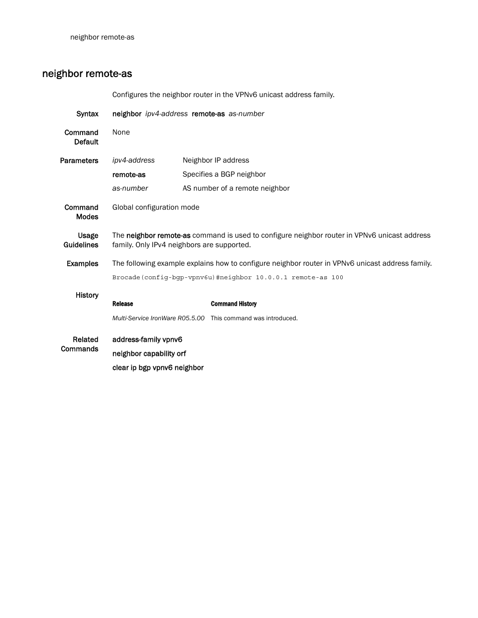 Neighbor remote-as | Brocade Multi-Service IronWare Routing Configuration Guide (Supporting R05.6.00) User Manual | Page 630 / 846