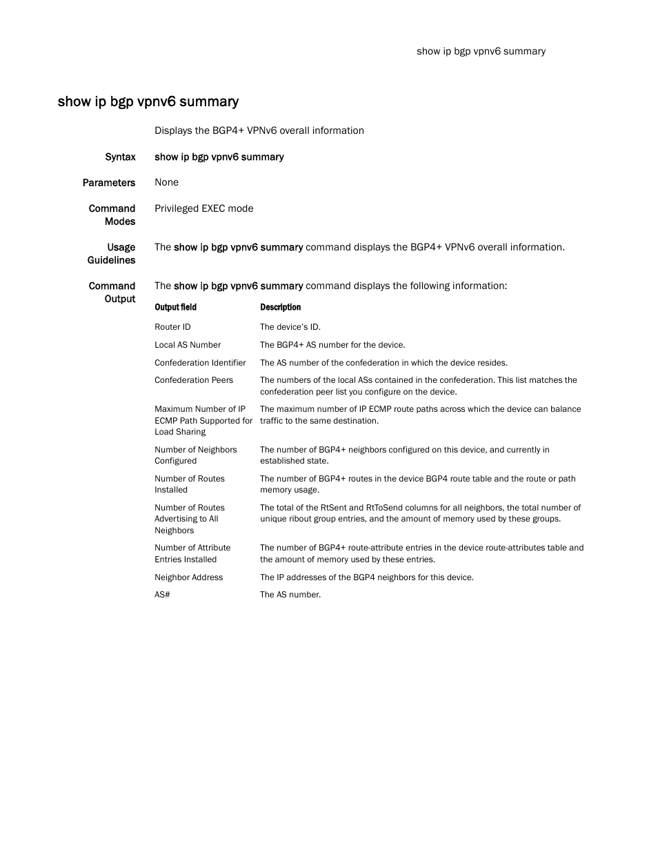 Show ip bgp vpnv6 summary | Brocade Multi-Service IronWare Routing Configuration Guide (Supporting R05.6.00) User Manual | Page 639 / 846