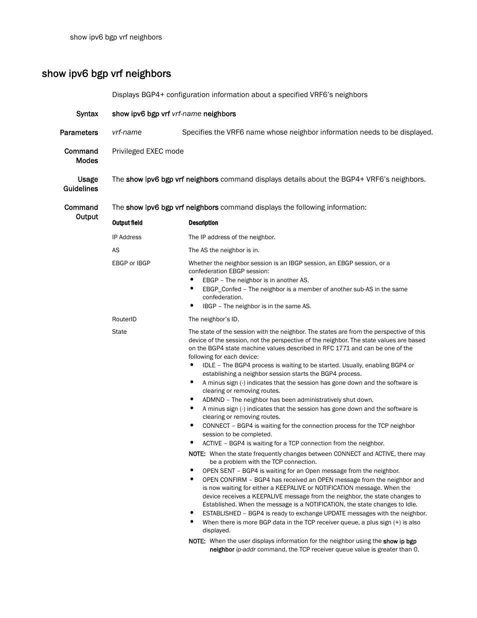Show ipv6 bgp vrf neighbors | Brocade Multi-Service IronWare Routing Configuration Guide (Supporting R05.6.00) User Manual | Page 644 / 846