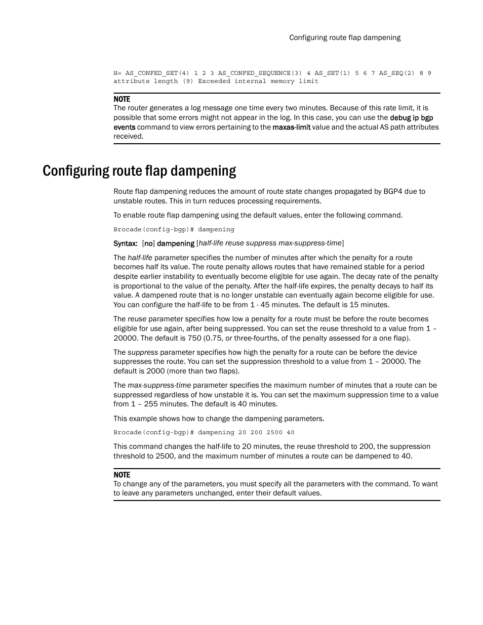 Configuring route flap dampening | Brocade Multi-Service IronWare Routing Configuration Guide (Supporting R05.6.00) User Manual | Page 65 / 846