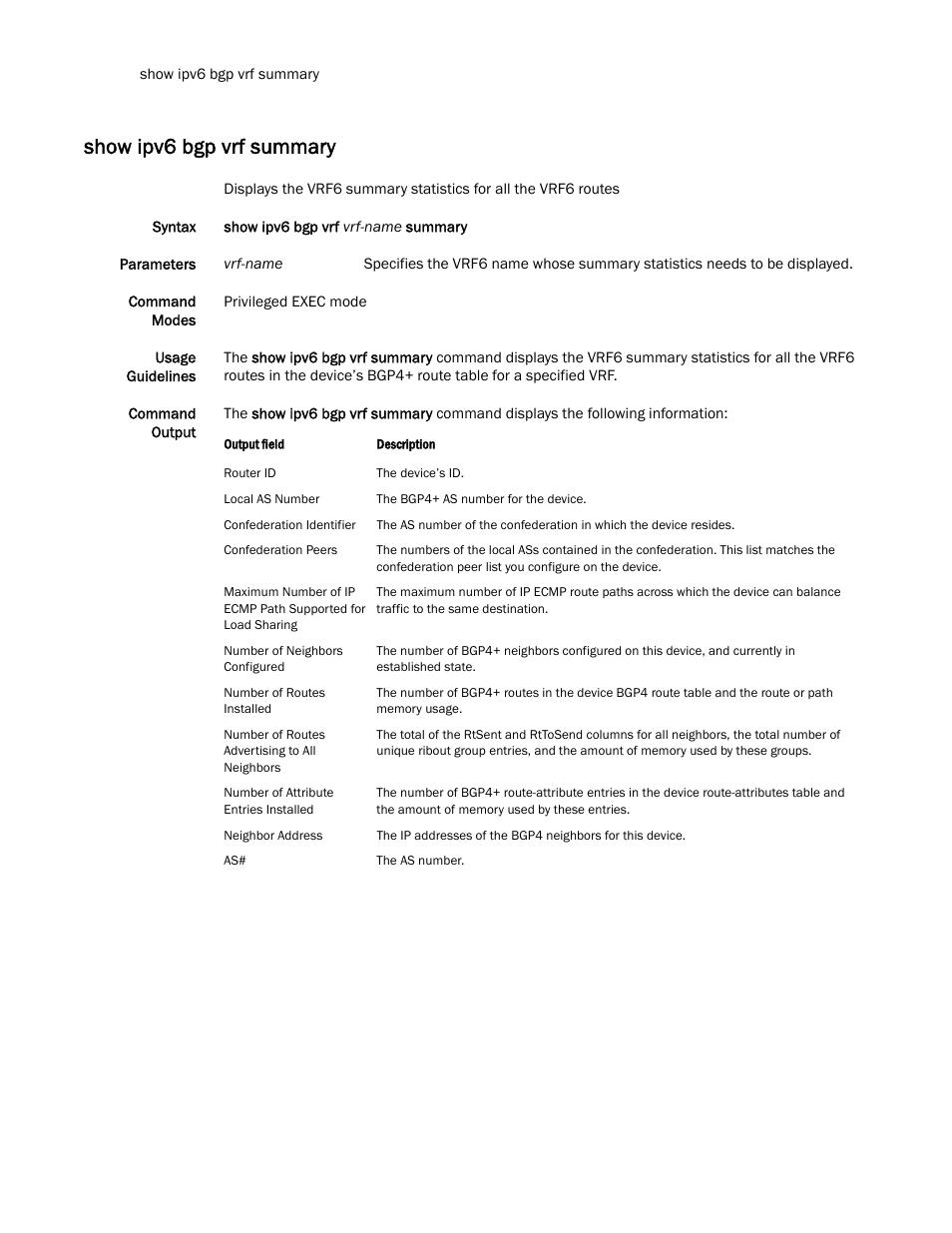Show ipv6 bgp vrf summary | Brocade Multi-Service IronWare Routing Configuration Guide (Supporting R05.6.00) User Manual | Page 656 / 846