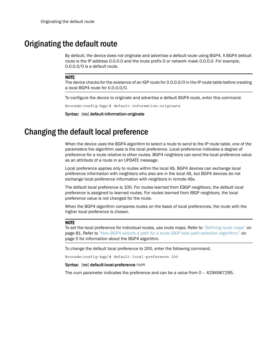 Originating the default route, Changing the default local preference | Brocade Multi-Service IronWare Routing Configuration Guide (Supporting R05.6.00) User Manual | Page 66 / 846