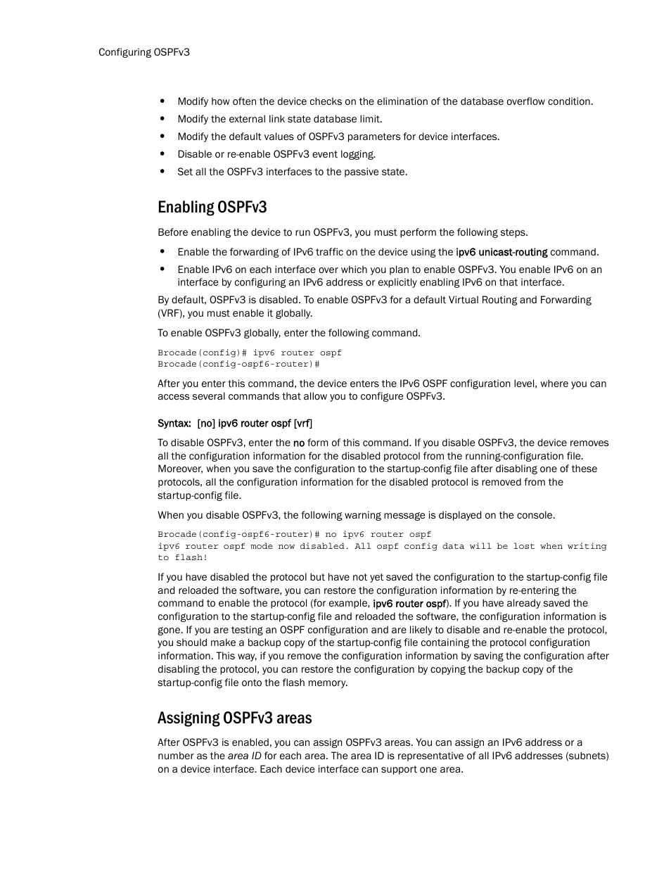 Enabling ospfv3, Assigning ospfv3 areas | Brocade Multi-Service IronWare Routing Configuration Guide (Supporting R05.6.00) User Manual | Page 662 / 846
