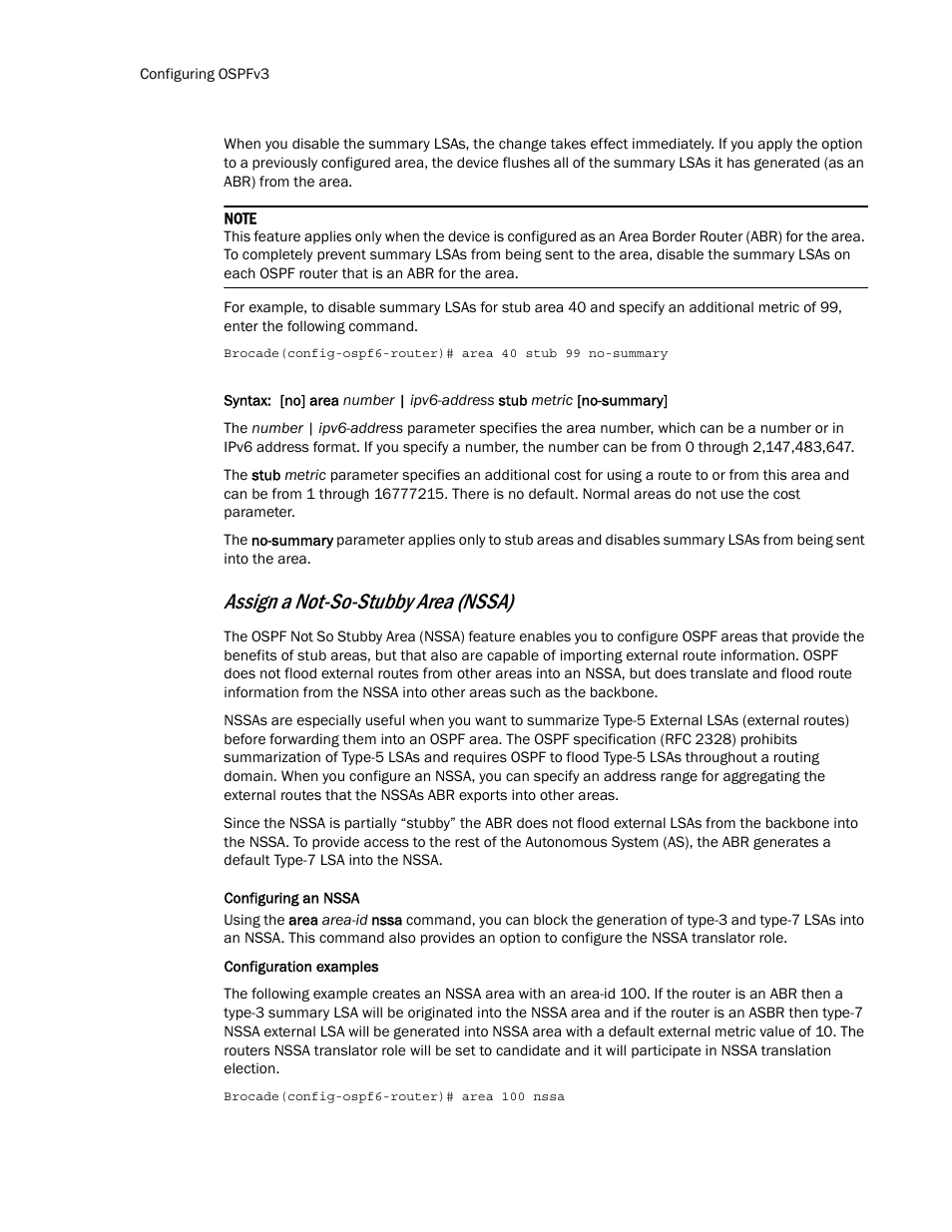 Assign a not-so-stubby area (nssa) | Brocade Multi-Service IronWare Routing Configuration Guide (Supporting R05.6.00) User Manual | Page 664 / 846