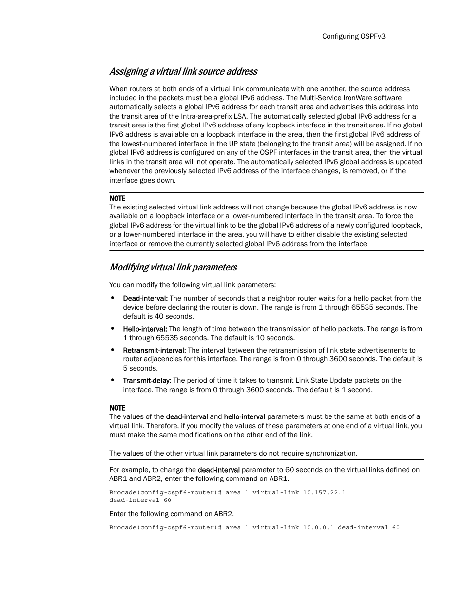 Assigning a virtual link source address, Modifying virtual link parameters | Brocade Multi-Service IronWare Routing Configuration Guide (Supporting R05.6.00) User Manual | Page 671 / 846