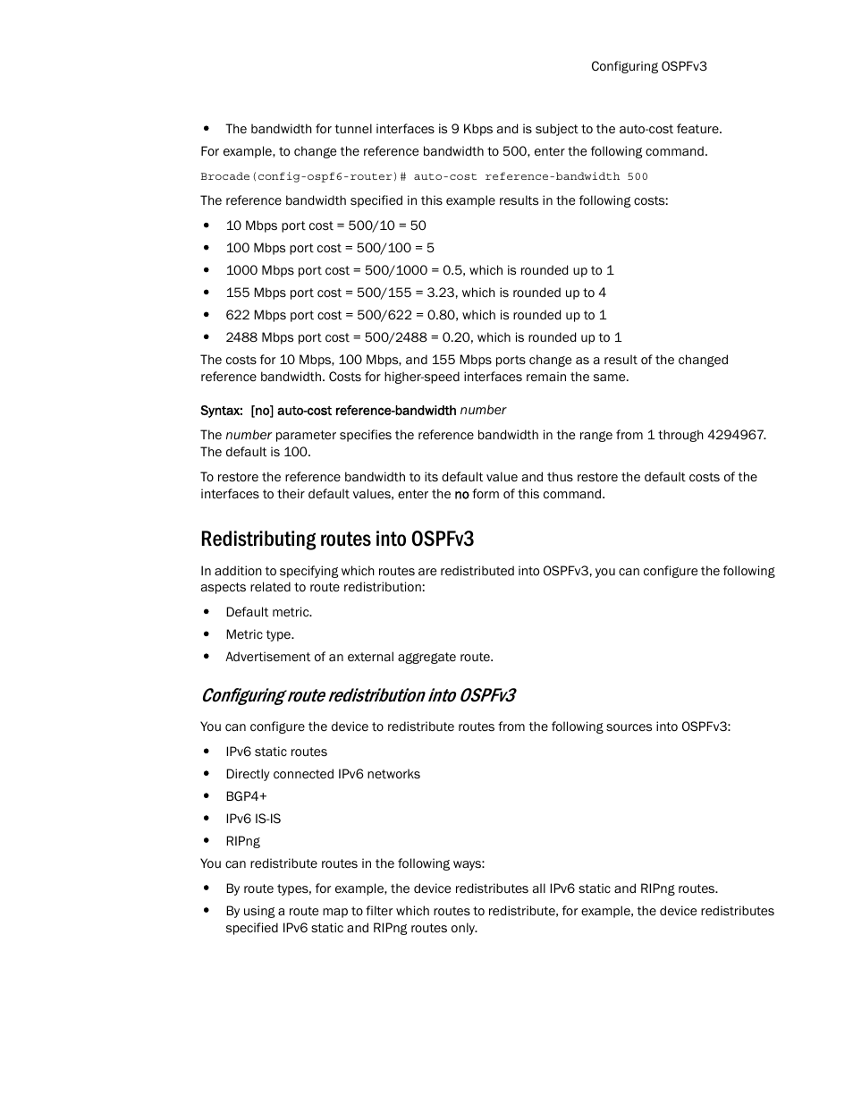 Redistributing routes into ospfv3, Configuring route redistribution into ospfv3 | Brocade Multi-Service IronWare Routing Configuration Guide (Supporting R05.6.00) User Manual | Page 673 / 846