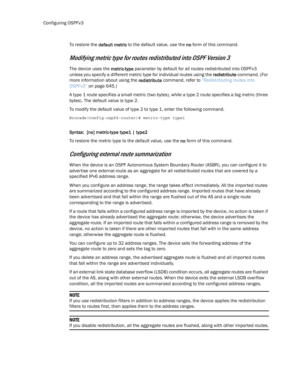 Modifying metric type for routes redistributed, Into ospf version 3, Configuring external route summarization | Brocade Multi-Service IronWare Routing Configuration Guide (Supporting R05.6.00) User Manual | Page 676 / 846