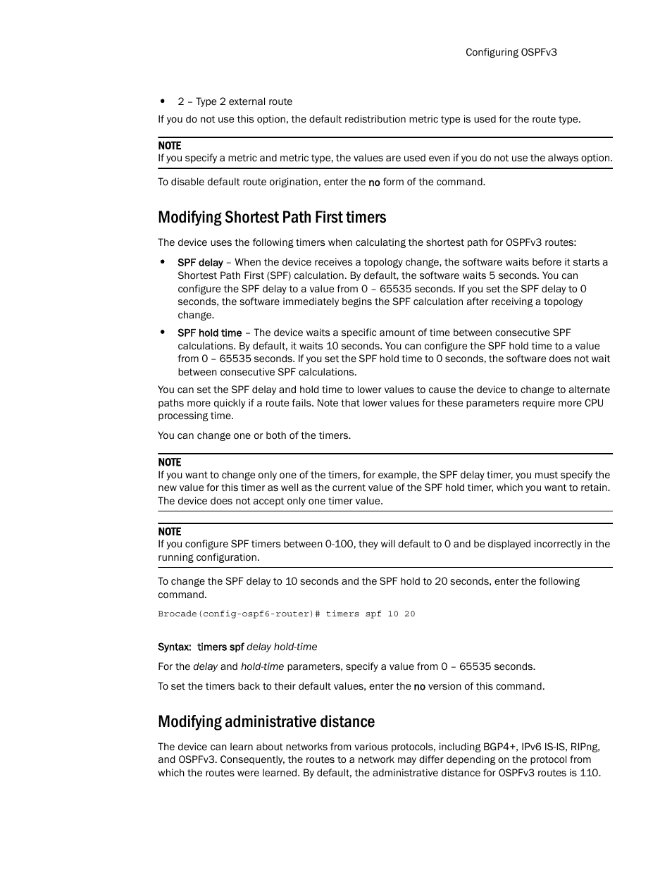 Modifying shortest path first timers, Modifying administrative distance | Brocade Multi-Service IronWare Routing Configuration Guide (Supporting R05.6.00) User Manual | Page 681 / 846